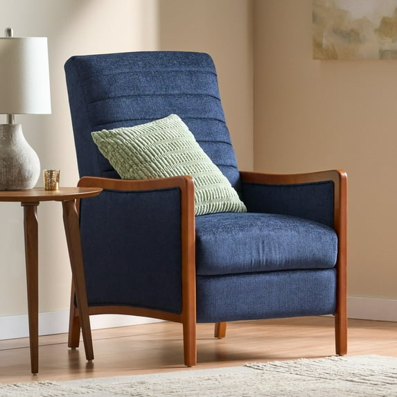Oufan Modern Fabric Channel Stitch Recliner Chair, Indoor Living Room Furniture Wood Pushback Recliner , Blue