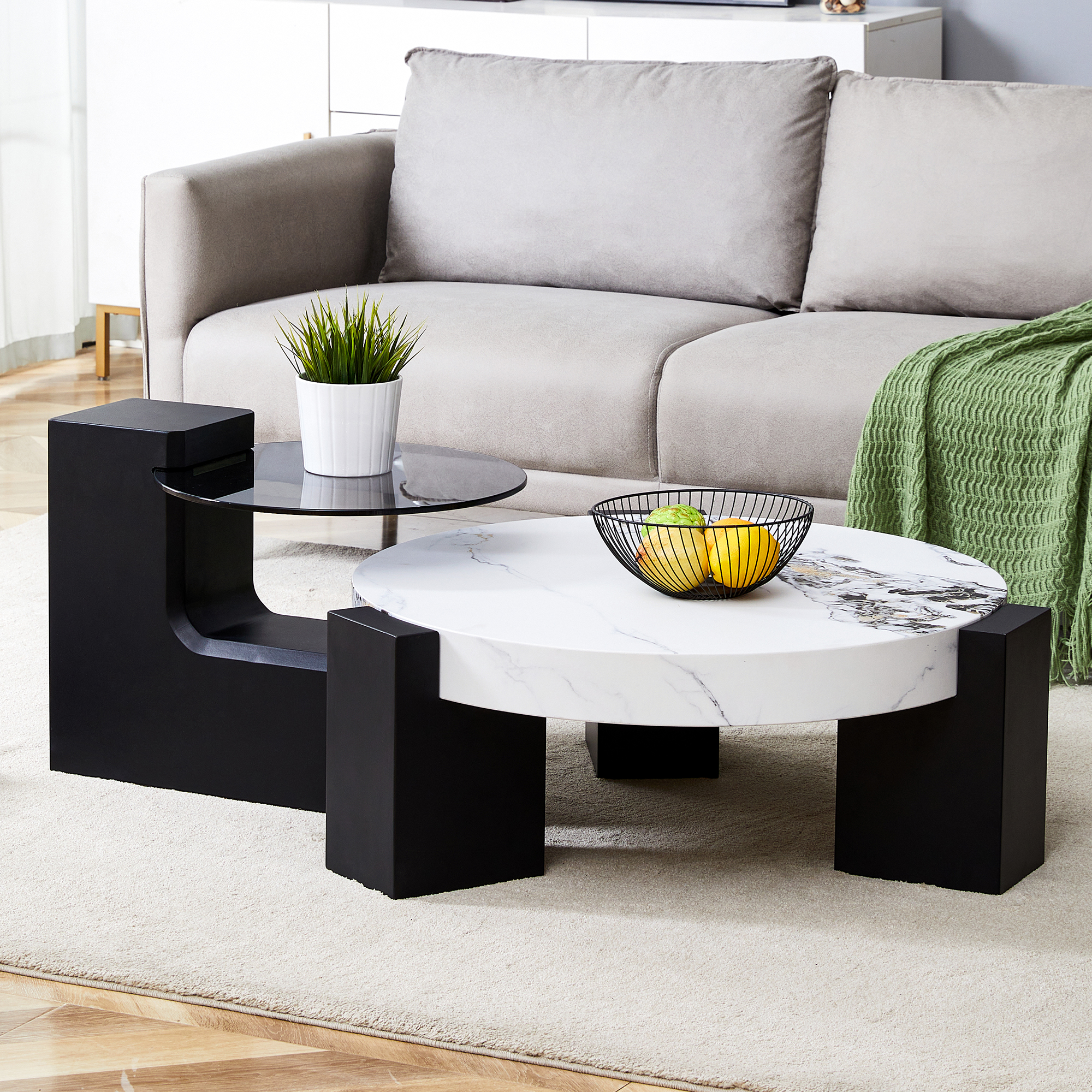 Oufan Nesting Coffee Table Set of 2, Faux Marble Appearance Wooden ...