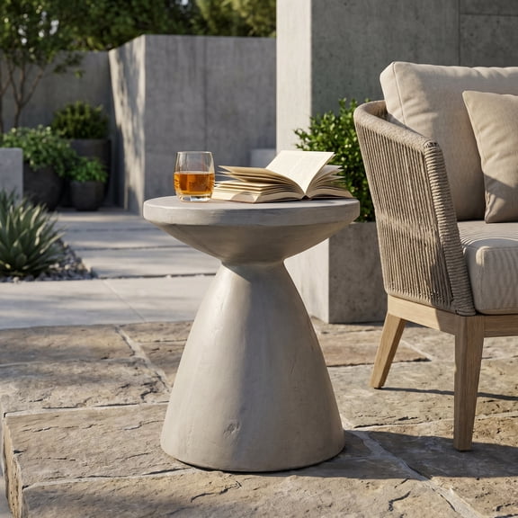 Oufan Outdoor LightWeight Concrete Side Table, Round Accent End Table, Gray