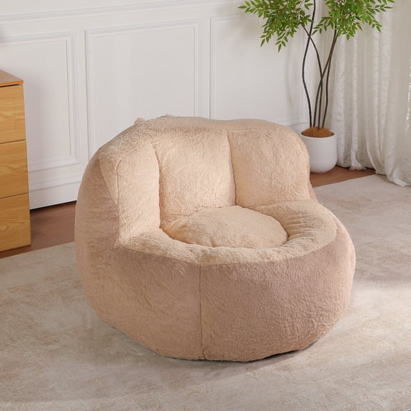 Oufan Oversized Bean Bag Chairs, Faux Fur Large Chair with Low Back, Stuffed Bean Bag Sofa For Living Room, Bedroom, Dorms, No Assembly Required