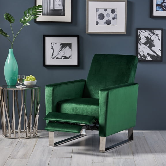Oufan  Push Back Recliner, Velvet Armchair with Hight Back & High Metal Legs, Mid Century Modern Comfy Recliner Chair for Living Room, Bedroom, Green