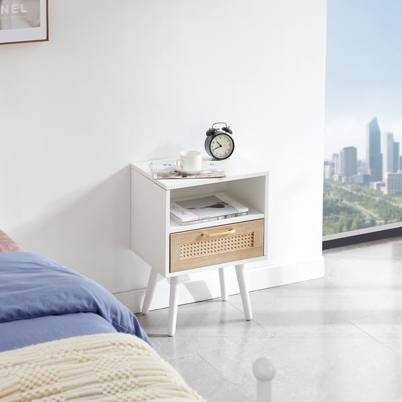 Oufan Rattan Nightstand, Boho End Table with Drawer and Storage, Cane Accent Bedside End Table with Solid Wood Legs for Bedroom, Dorm, White