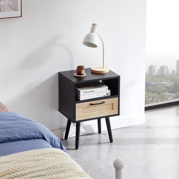 Oufan Rattan Nightstand, Boho Side Table with Drawer Open Shelf, Cane Accent Bedside End Table with Solid Wood Legs for Bedroom, Dorm and Small Spaces, Black