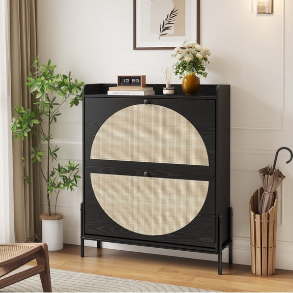 Oufan Rattan Shoe Storage Cabinet with 2 Flip Drawers, Freestanding Shoe Organizer with Metal Legs, Narrow Shoe Rack Cabinet for Living Room, Entryway, Black