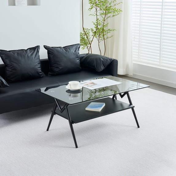 Oufan Rectangle Coffee Table, Mid Century 2 Tier Coffee Table with Tempered Glass Top & Wood Storage Shelf, Metal Frame,Accent Table for Living Room