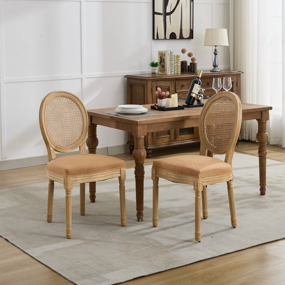 Oufan Rustic Dining Chair Set of 2, Solid Wood Frame Side Chair w/ Rattan Backrest & Upholstered, French Style Kitchen Chair for Dining Room, Tan