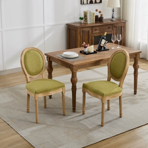 Oufan Rustic Dining Chair Set of 2, Solid Wood Frame Side Chair with Linen Fabric Backrest & Upholstered, French Style Kitchen Chair for Dining Room