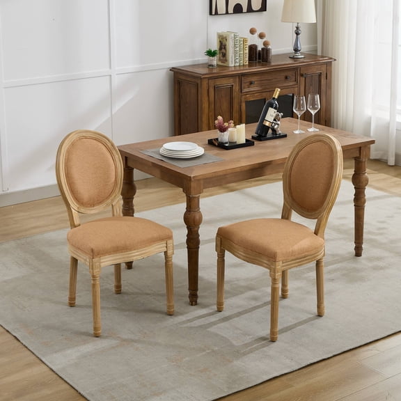 Oufan Rustic Dining Chair Set of 2, Solid Wood Frame Side Chair with Linen Fabric Backrest & Upholstered, French Style Kitchen Chair for Dining Room