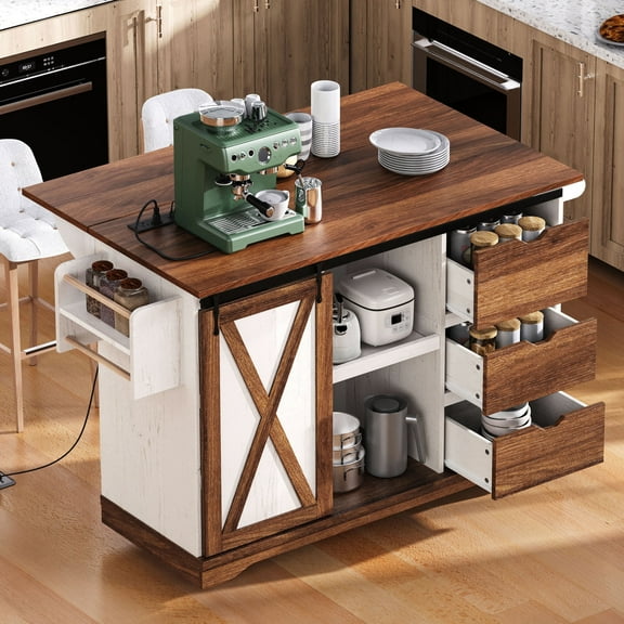 Oufan Rustic Kitchen Island with Drop Leaf, Rolling Kitchen Cart w/ Sliding Barn Door & 3 Drawers, Kitchen Workstation w/ Power Outlet & Spice Rack