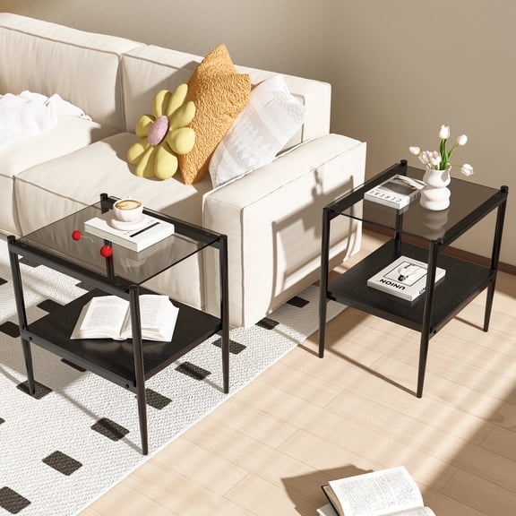 Oufan Set of 2 Rectangle End Table, Tempered Glass Tabletop, Nightstand with 2-Layer Storage Shelves for Small Spaces, Living Room, Gray+Black