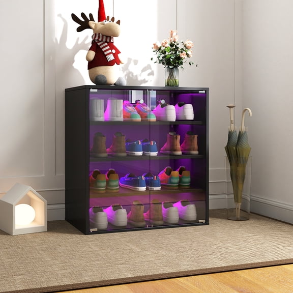 Oufan Shoe Box with RGB LED Light, Wooden Stackable Shoe Storage Box with Glass Door, Shoe Storage Bin Shoe Display Case for Sneakers, Black