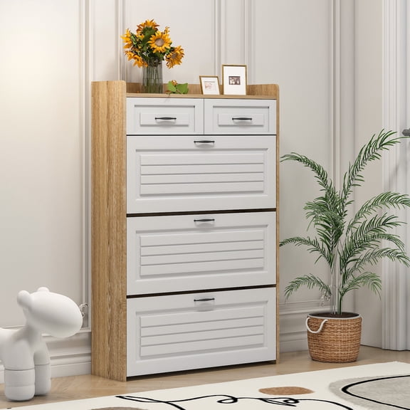 Oufan Shoe Cabinet Storage, Modern Freestanding Organizer with 3 Flip Drawers and 2 Drawers, Narrow Shoe Rack for Entryway, White +Oak