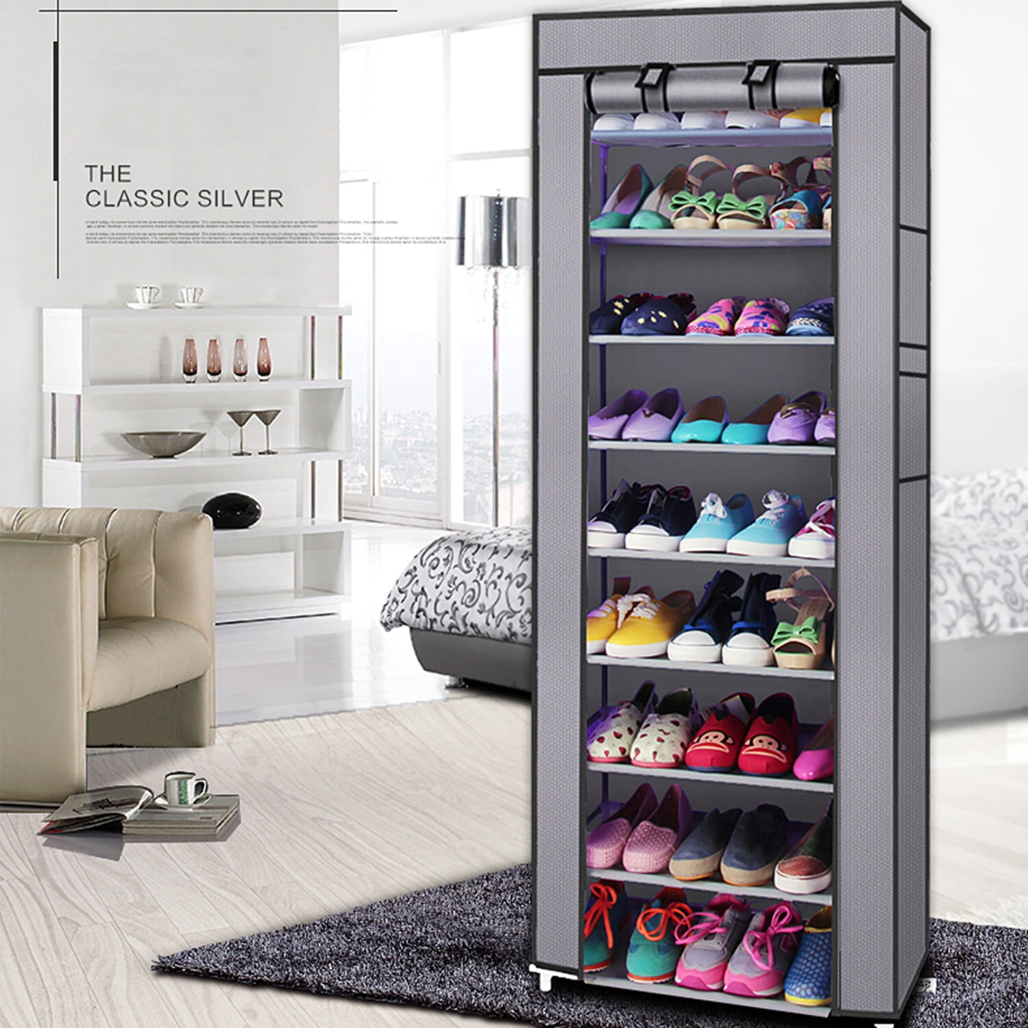Oufan Shoe Rack, 10 Tier Shoe Organizer with Nonwoven Fabric Cover, Shoe Storage Shelf for 20-30 Pairs of Shoes, Entryway, Suitable for Sneakers, High Heels, Flats, and Boots, Grey