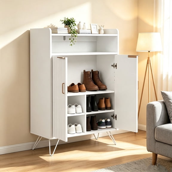 Oufan Shoe Storage Cabinet, Modern Shoe Organizer with 2 Doors, Freestanding Hidden Narrow Shoe Rack Cabinet with Open Storage for Entryway, Hallway, White