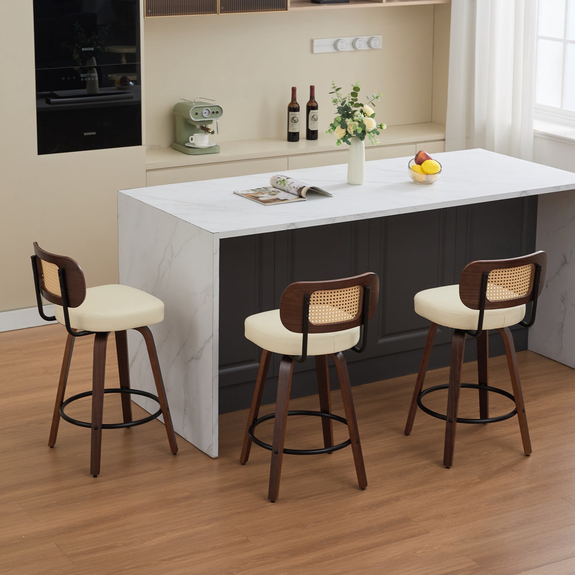 Oufan Swivel Bar Stools Set of 3, Wooden Counter Height Bar Chairs w/ Upholstered Seat & Rattan Backrest, Farmhouse Barstool for Kitchen Island,Cafe