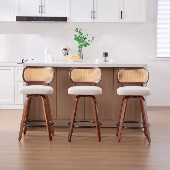 Oufan Swivel Bar Stools Set of 3, Wooden Counter Height Bar Chairs w/ Upholstered Seat & Rattan Backrest, Farmhouse Barstool for Kitchen Island,Cafe