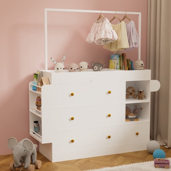 Oufan Wardrobe with Hangers, Chest of Drawers, Multi-Functional Changing Table, White