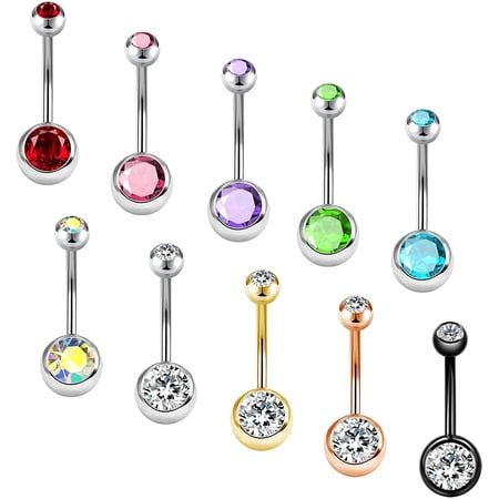 Oufer, Surgical Steel Crystal Belly Button Rings, 10 Pieces, Pack, 0.6"