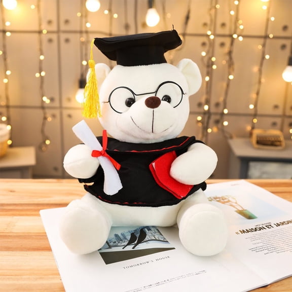 OugPiStiyk Graduation Bear, Personalized 2025 Graduation Teddy Bear with Glasses, Grad Cap, Diploma and Props, 7 Inch Animal Plush Bear for Graduation Gift, Table Shelf Home Decor (White)