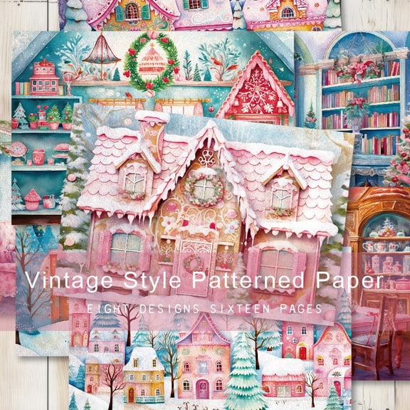 Ouginx 16 Sheets Christmas House Village Scrapbook Paper, A5 Decoupage Origami Craft Collage Junk Journal Cardstock for Card Making Supplies