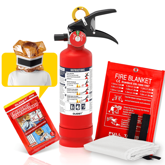 OUGIST 3-in-1 Emergency Preparedness Kit, 2.5 lb ABC Fire Extinguisher (1A:10B:C), Emergency Blanket, Smoke Escape Hood & Mounting Bracket