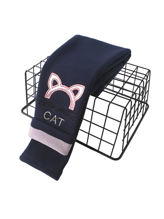 1-10Y Girls Fleece Lined Leggings Cotton Kitty Print Thermal Pants Thick Warm Tights Winter Clothes for Kids Baby Toddler
