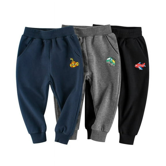Ougyinr 3 Pack Kids Toddler Boys Sweatpants Cotton Joggers Pants 1 -7 Years Baby Sport Pants Elastic Trousers with Pocket