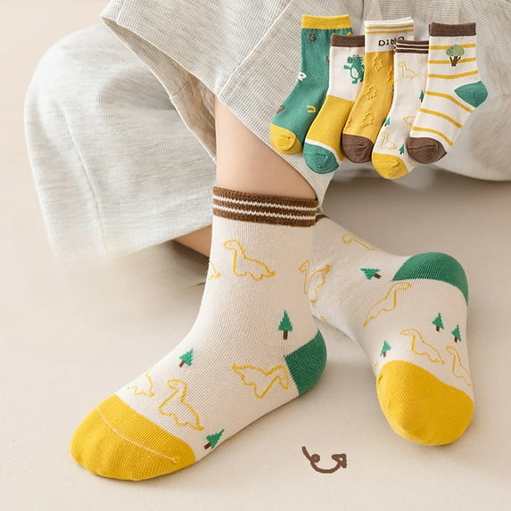 Ougyinr 5 Pack Kids Girls Boys Socks Baby Toddler Socks Breathable Socks Cute Dinosaur Cartoon Socks Children Socks for 1-12 Years