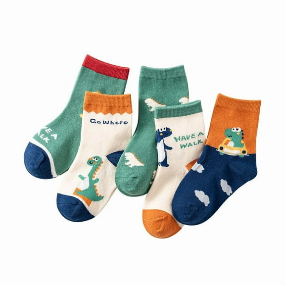Ougyinr 5 Pack Kids Girls Boys Socks Baby Toddler Socks Breathable Socks Cute Dinosaur Cartoon Socks Children Socks for 1-12 Years