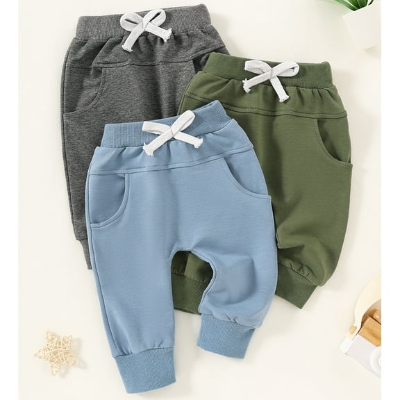 Ougyinr Baby Toddler Boys Cotton Jogger Sweatpants Pants Cotton Pants With Pockets Multipacks Long Pants for 3m-3T