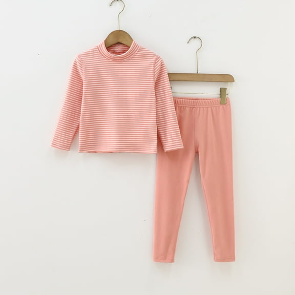 Ougyinr Boys Girls 2Pcs Thermal Underwear Set for Boys Girls Kids Toddler High Collar Warm Underwear Outfits 2-14 Years Baby Long Johns Sets Stripes Thermal Top   Bottom Pant Set