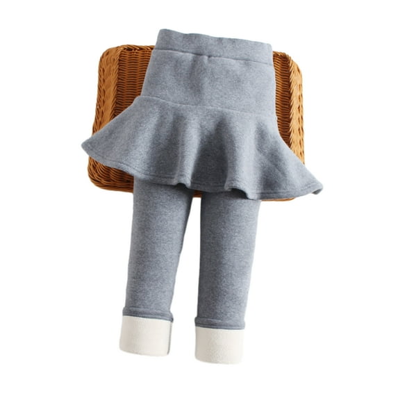 Ougyinr Girls Fleece Leggings Pants With Skirt for Kids Baby,Toddler Thick Tights for Girls,Solid Color Full Length Soft Pants (Grey/Black/)for 1-10Y