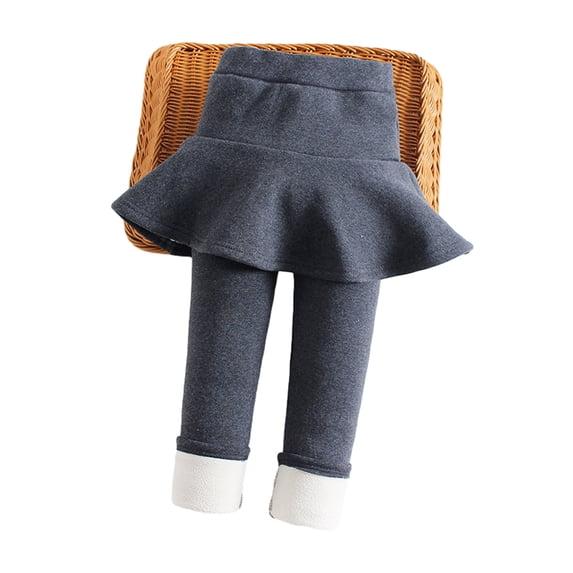 Ougyinr Girls Fleece Leggings Pants With Skirt for Kids Baby,Toddler Thick Tights for Girls,Solid Color Full Length Soft Pants (Grey/Black/)for 1-10Y