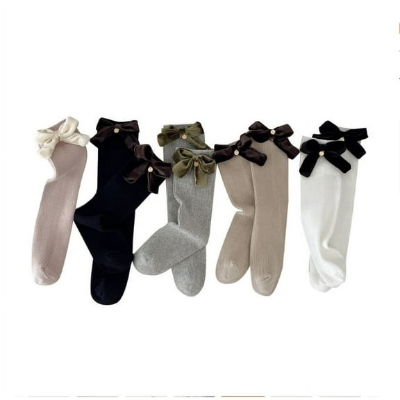 Ougyinr Kids Baby Girls Knee High Socks Bowknot Socks Cotton Socks Toddler Stockings Girls Socks for 2-8Years ( 6 Piars / 5 Piars )