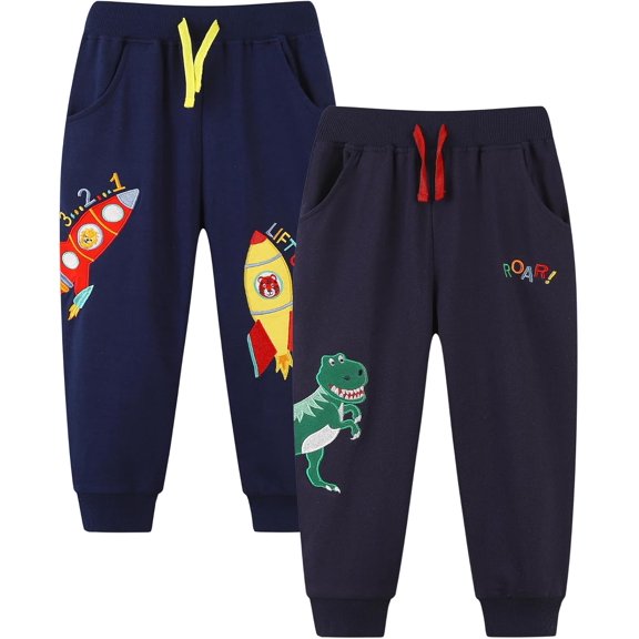 Ougyinr Kids Boys Sweatpants Jogger Pants Toddlers Cotton Pull On Jogger Pants Baby Elastic Waist Stretch Pants 2-Pack for 2-7Y
