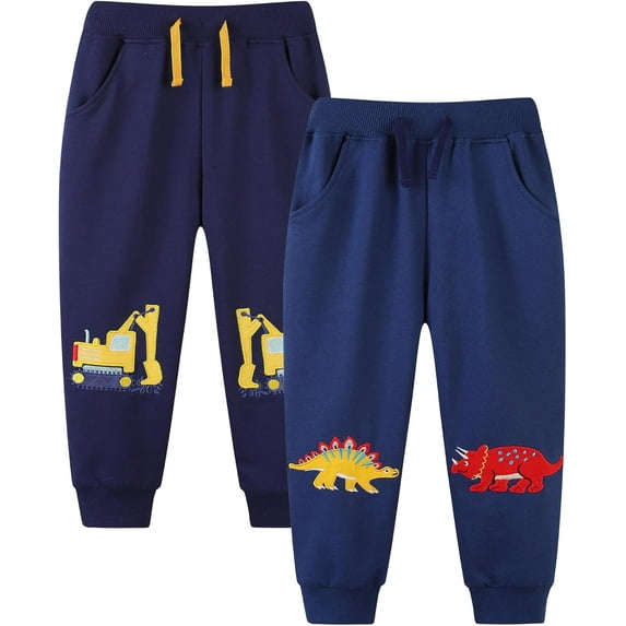 Ougyinr Kids Boys Sweatpants Jogger Pants Toddlers Cotton Pull On Jogger Pants Baby Elastic Waist Stretch Pants 2-Pack for 2-7Y