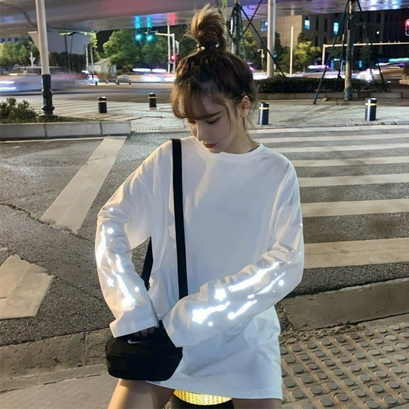 Ougyinr Men's Women's T-Shirts Autumn Long Sleeve Reflective T-Shirt Loose Tops Couples Spring Fall Bottoming Shirt S-2XL