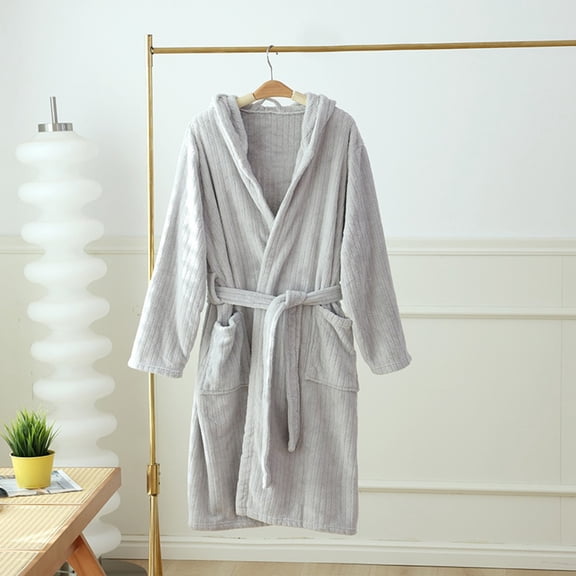 Ougyinr Mens Plush Fleece Robes, Hooded Mens Bathrobes Thickened Cozy Warm Bathrobe Solid Color Long Robe With Pockets
