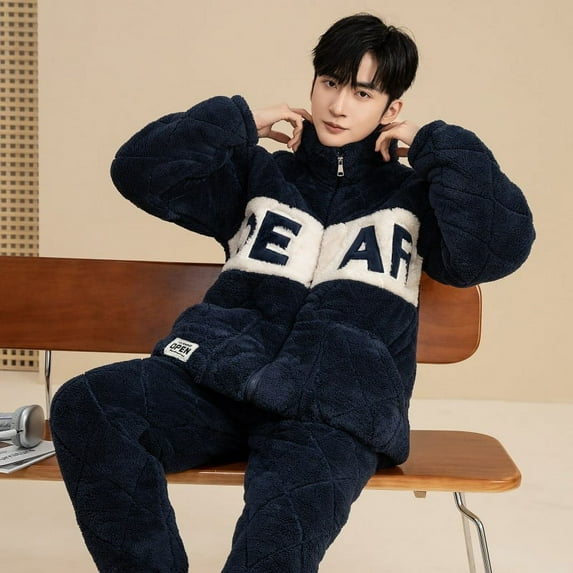 Ougyinr Mens Warm Thickened Pajama Sets Fleece Sleepwear Soft Fluffy Long Fuzzy Sleepwear with Pockets Cozy Loungewear Pjs Set for Men