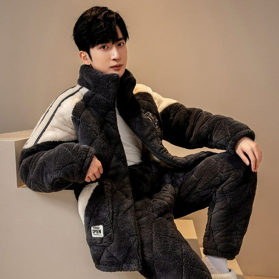 Ougyinr Mens Warm Thickened Pajama Sets Fleece Sleepwear Soft Fluffy Long Fuzzy Sleepwear with Pockets Cozy Loungewear Pjs Set for Men