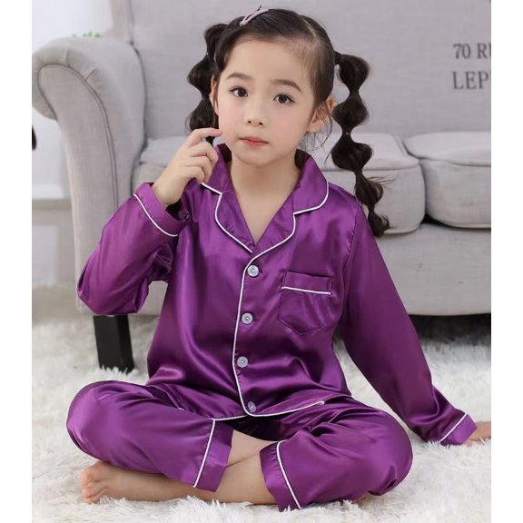 Ougyinr Toddler Kids Pajamas Set Outfit Set for Boys Girls,Teen Satin Silky Pjs Set Set Button Down Sleep Shirt Top Long Pants Bottoms Sleepwear for 2-14 Years
