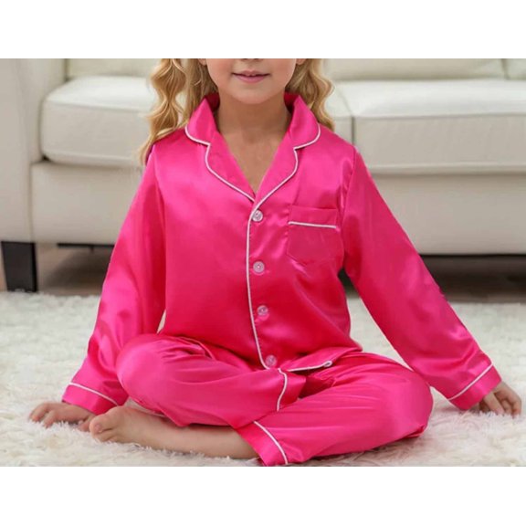 Ougyinr Toddler Kids Pajamas Set Outfit Set for Boys Girls,Teen Satin Silky Pjs Set Set Button Down Sleep Shirt Top Long Pants Bottoms Sleepwear for 2-14 Years