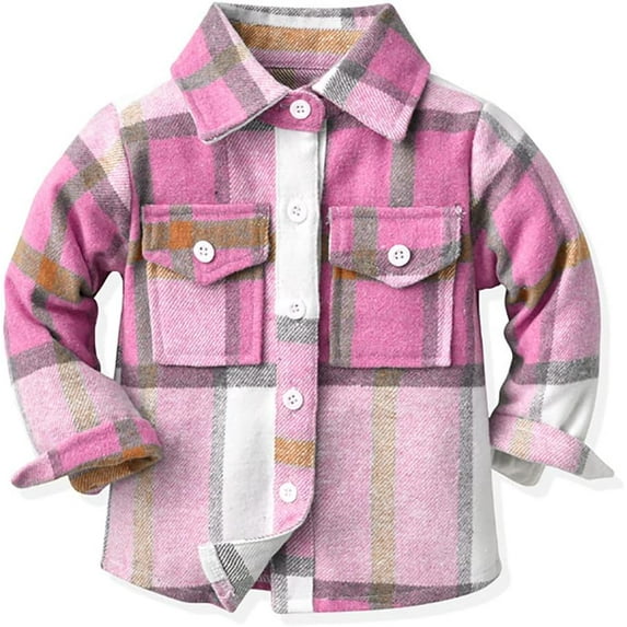 Ougyinr Toddler Kids Plaid Flannel Shirts Jacket for Boys Girls Long Sleeve Lapel Button Down Fall Top Outerwear for Kids