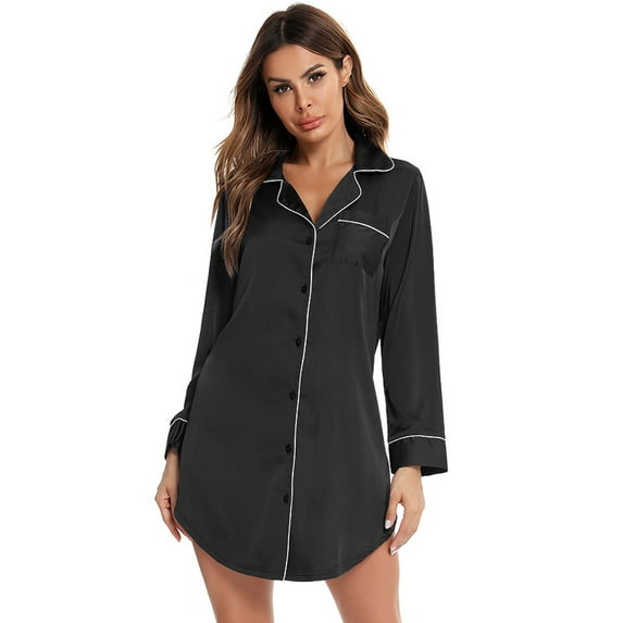 Ougyinr Women's Nightgown Long Sleeve Nightshirt Button Down Sleepshirt Nightdress Soft V Neck Sleepwear Pajama Dress