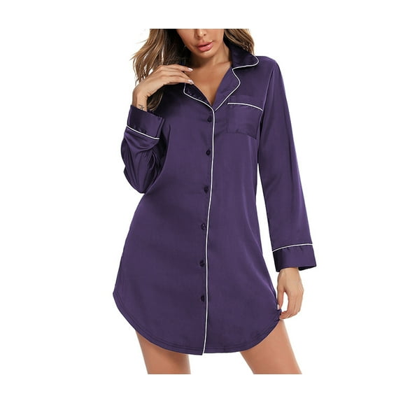 Ougyinr  Women's Nightgown Long Sleeve Nightshirt Button Down Sleepshirt Nightdress Soft V Neck Sleepwear Pajama Dress