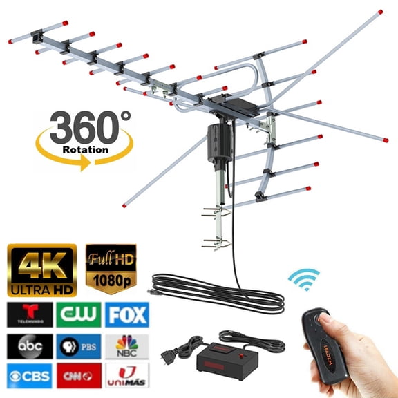 Ouhe Outdoor Digital Amplified HD TV Antenna - 360 Degree Rotation Remote Control - Up to 200 Miles Long Range Support 2 Frequencies UHF VHF 4K UHD 1080P 720P HDTV TV Aerial With Cable