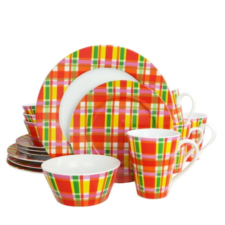 Oui by French Bull Multicolored Plaid 16 Piece Porcelain Dinnerware Set