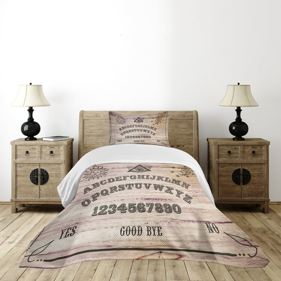 Ouija Board Bedspread Set Twin Size, Wooden Texture Talking Spirit Board with Alphabet Letters, Quilted 3 Piece Decor Coverlet Set with Pillow Sham, Dark Taupe Beige Warm Tuape, by Ambesonne