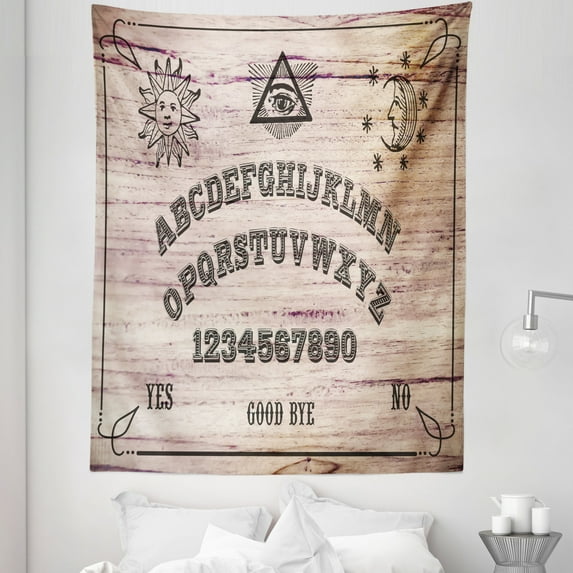Ouija Board Tapestry, Wooden Texture Talking Board with Alphabet Letters, Fabric Wall Hanging Decor for Bedroom Living Room Dorm, 5 Sizes, Dark Taupe Warm Taupe, by Ambesonne