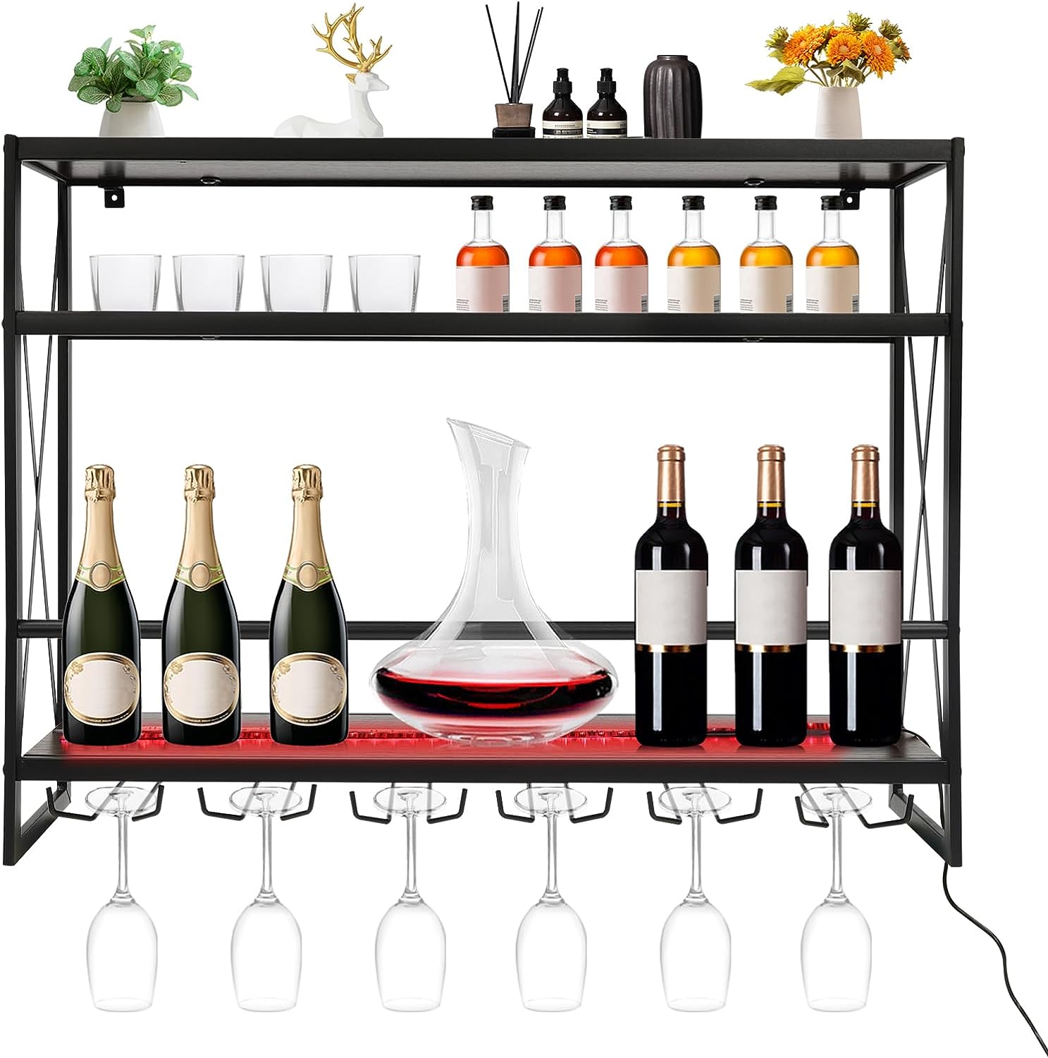 Oukaning 2 Tier LED Wine Rack Wall Mounted Wine Racks Bottle Holder